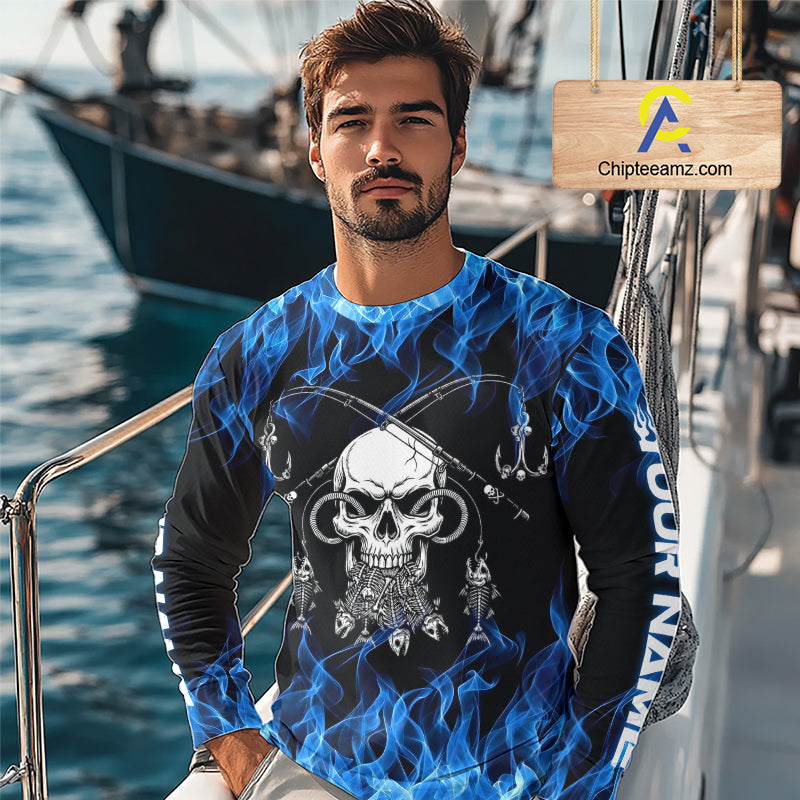 Fish Reaper Fishing Skull Fire Flame Long Sleeve Tournament Fishing Shirts, Skull Fishing Jerseys NBT692