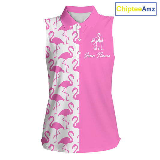Front view of women’s sleeveless golf polo shirt with pink and white flamingos pattern