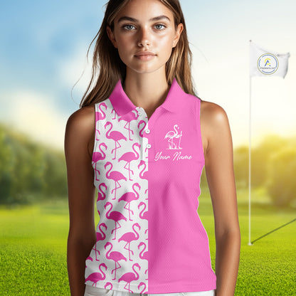 Woman wearing a pink and white flamingo pattern sleeveless golf polo shirt with custom name on the chest