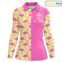 Load image into Gallery viewer, Front view of women’s golf polo shirt with pink and yellow flamingos pattern