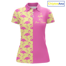 Load image into Gallery viewer, Front view of women’s golf polo shirt with pink and yellow flamingos pattern