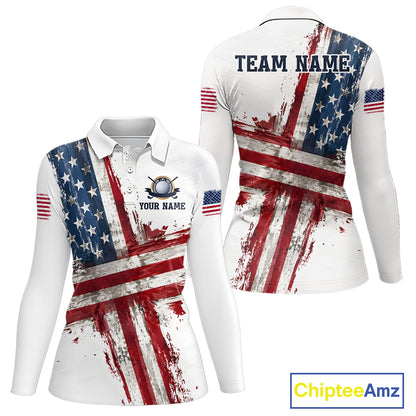 Custom US Golf Polo Shirt American Flag White Golf Shirts For Women, Patriotic Golf Shirt NBT701