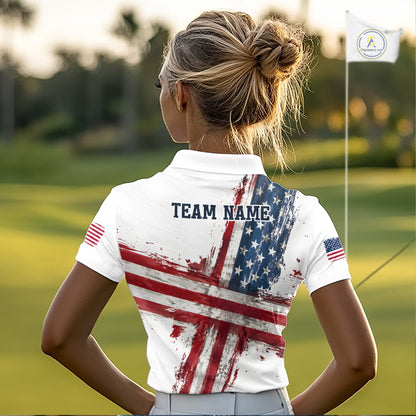 Custom US Golf Polo Shirt American Flag White Golf Shirts For Women, Patriotic Golf Shirt NBT701