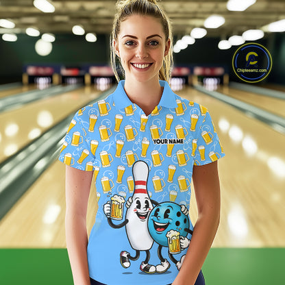 Funny Blue Beer Pattern Women Bowling Polo & 1/4 Quarter Zip Shirt Custom Bowling League Team Shirts NBT952
