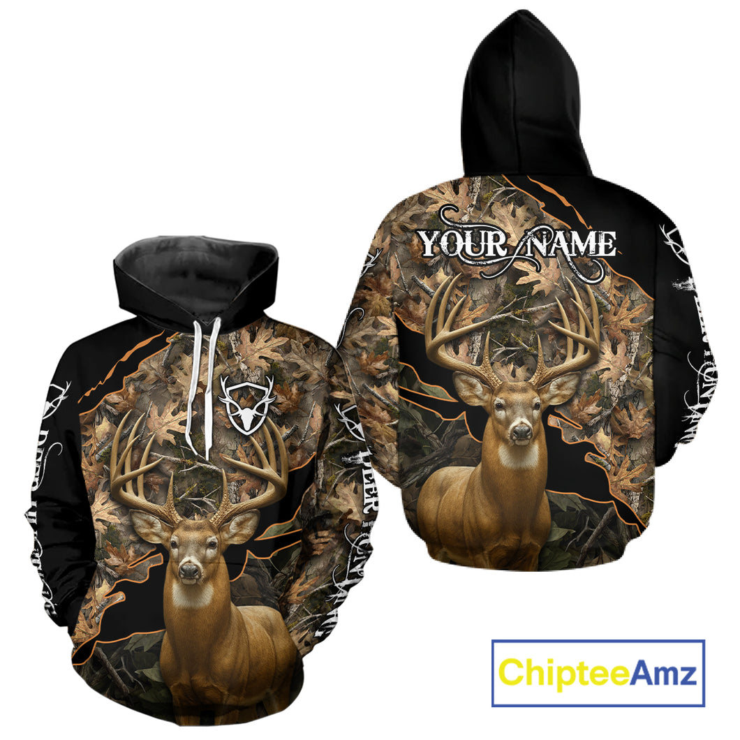 Whitetail Deer Hunting Hoodie, Longsleeves Shirt – Brown Camo Custom Name for Big Game Hunters NBT270