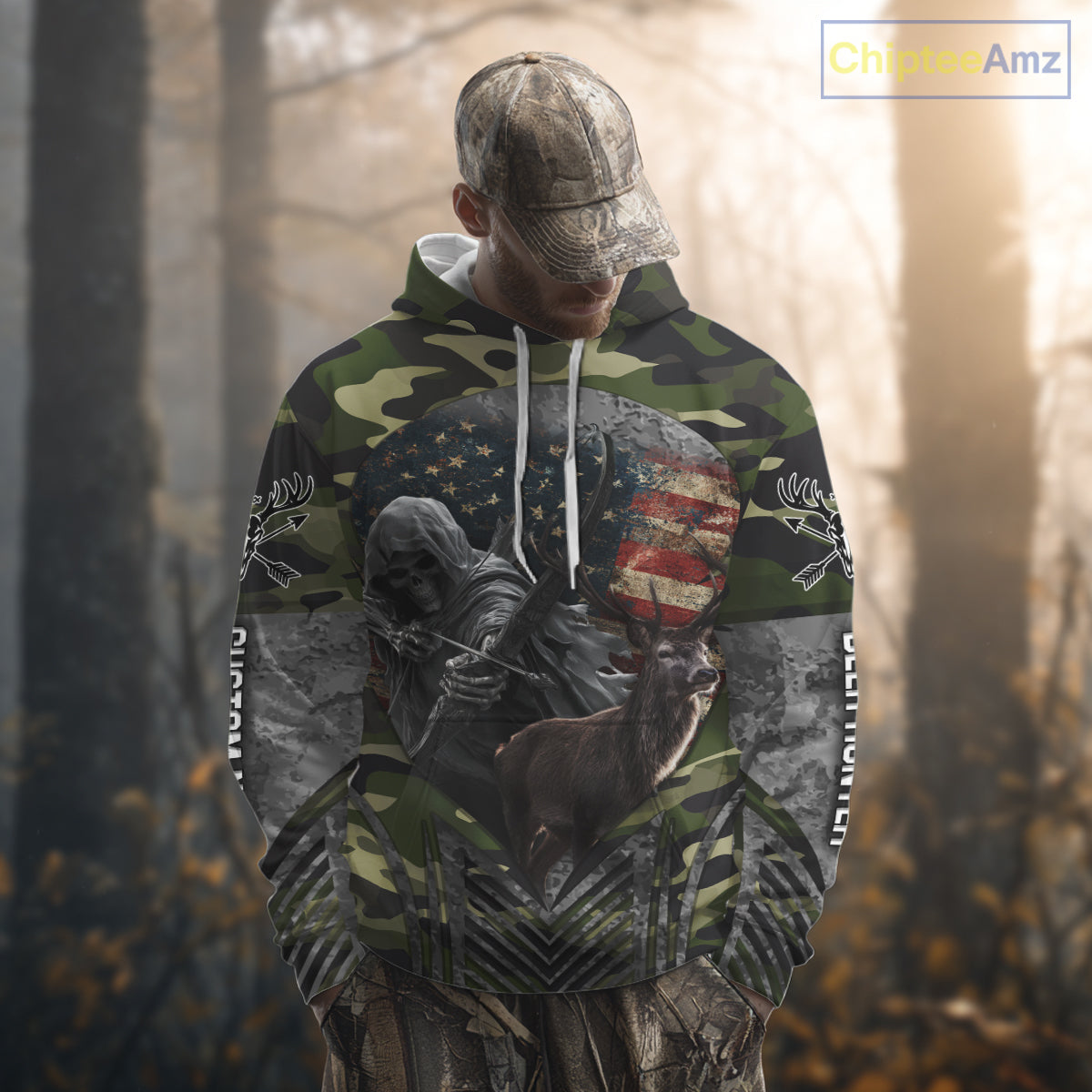 Grim Reaper US Flag Deer Hunting Hoodie, Longsleeve Shirt, Gifts for Hunters NBT07