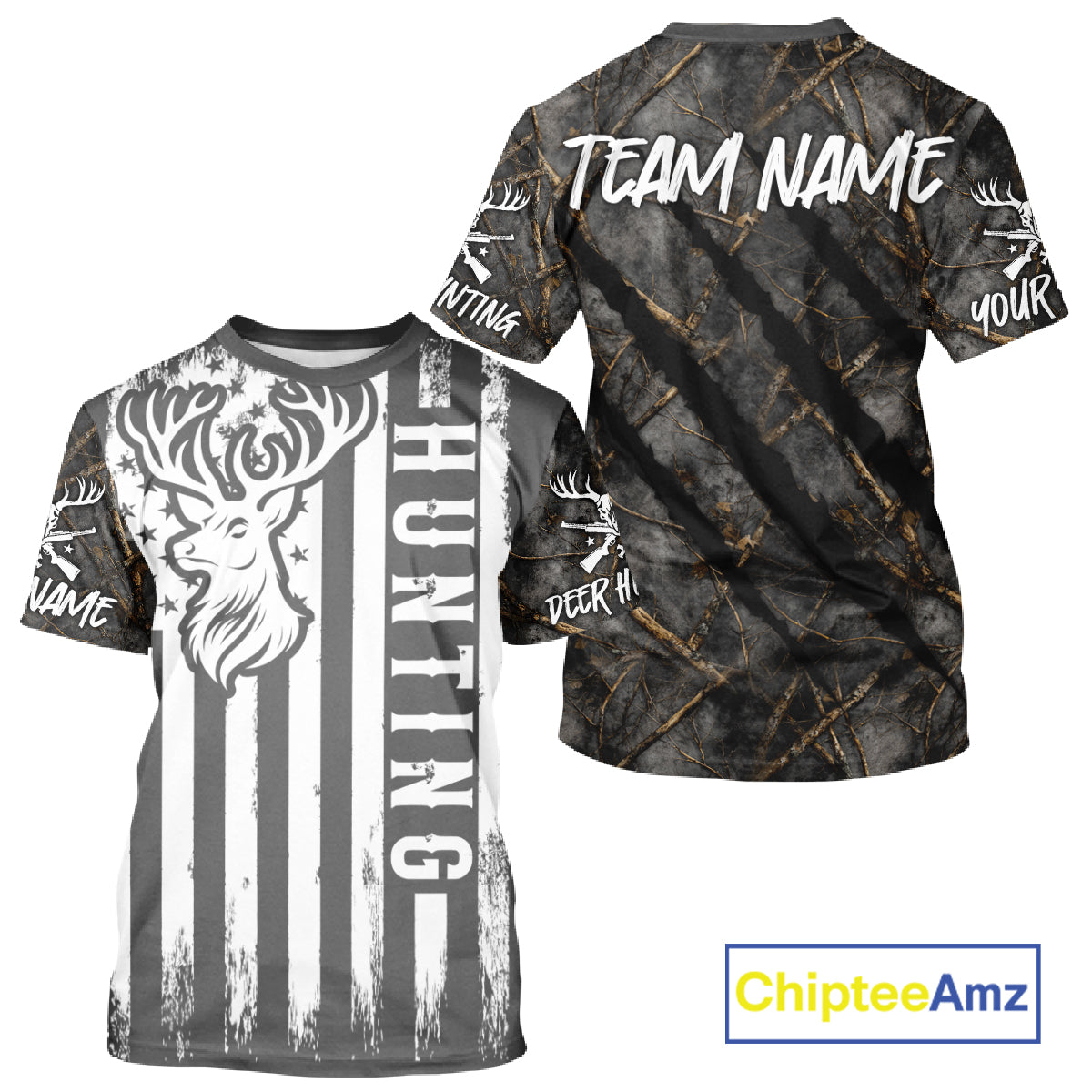 Personalized Dark Camo Deer Hunting Shirt with US Flag & Deer Buck, Hunter Gifts NBT60