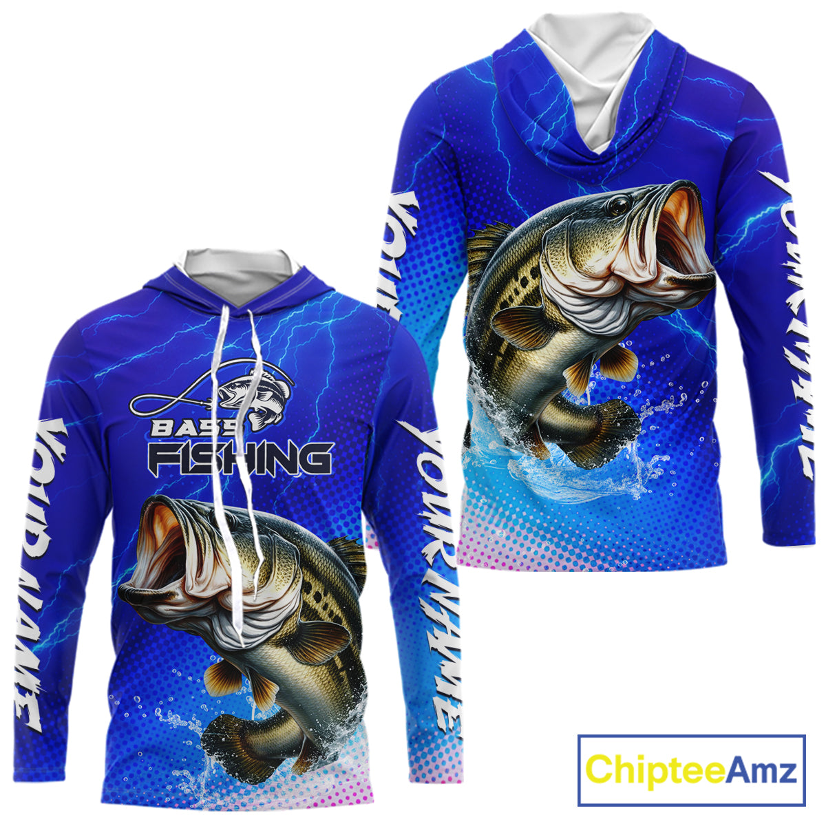 Blue Camo Bass Long Sleeve Hooded Fishing Shirts Thunder Light, Custom Name Bass Fishing Shirts NBT455