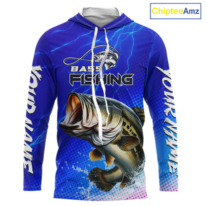 Blue Camo Bass Long Sleeve Hooded Fishing Shirts Thunder Light, Custom Name Bass Fishing Shirts NBT455
