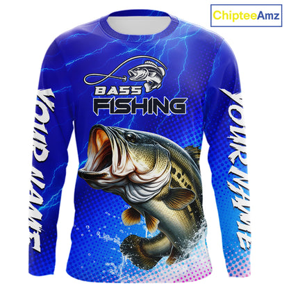 Blue Camo Bass Fishing Shirts Long Sleeve Thunder Light, Custom Name Bass Fishing Shirts NBT455