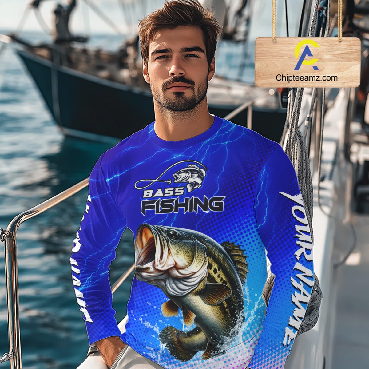 Blue Camo Bass Fishing Shirts Long Sleeve Thunder Light, Custom Name Bass Fishing Shirts NBT455