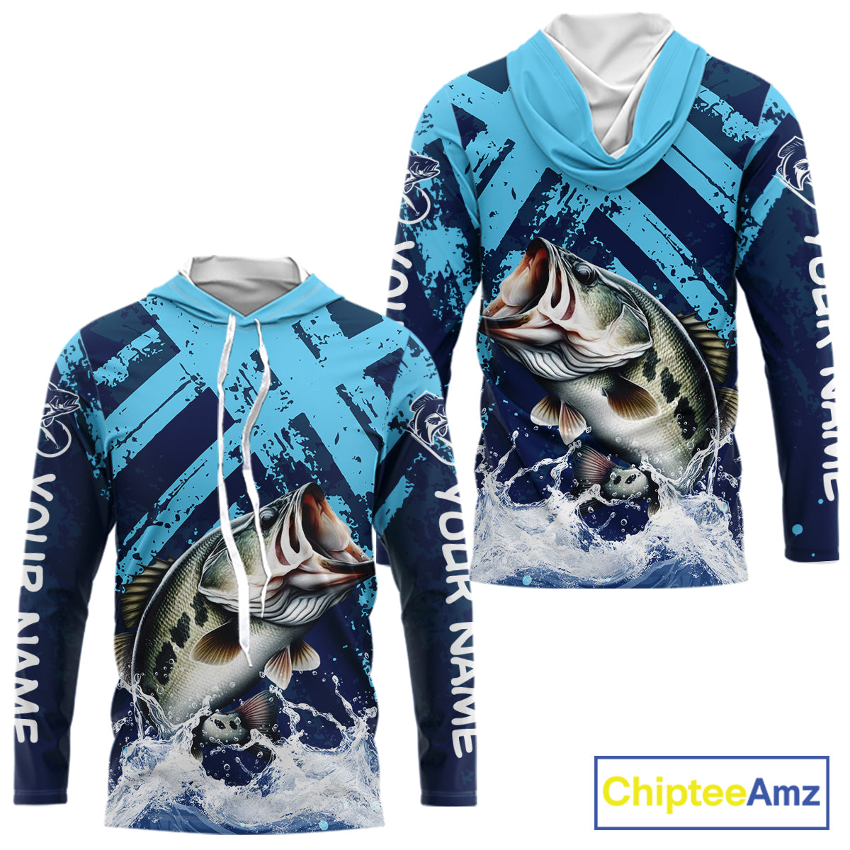 Bass Fishing Blue Camo Long Sleeve Hooded Fishing Shirts UV Protection, Bass Fishing Jerseys NBT460