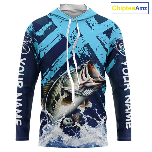 Bass Fishing Blue Camo Long Sleeve Hooded Fishing Shirts UV Protection, Bass Fishing Jerseys NBT460