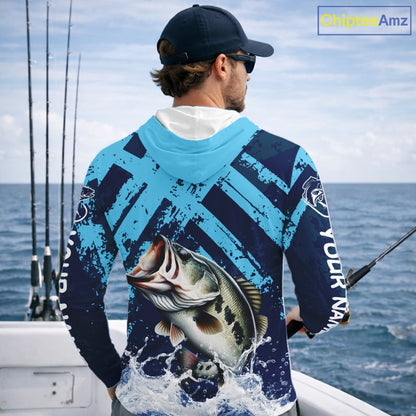 Bass Fishing Blue Camo Long Sleeve Hooded Fishing Shirts UV Protection, Bass Fishing Jerseys NBT460