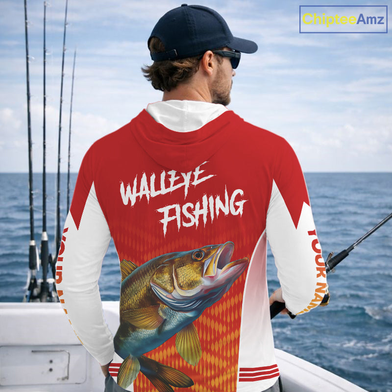 Walleye Hooded Fishing Shirts Long Sleeve Custom Fishing Tournament Shirts, Walleye Fishing Apparel NBT365