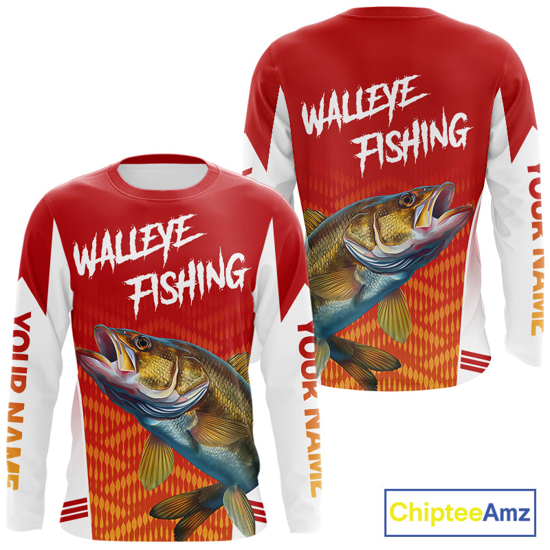 Walleye Fishing Shirts Long Sleeve Custom Fishing Tournament Jersey Red Camo For Men, Walleye Fishing Apparel NBT365