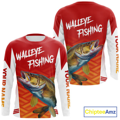 Walleye Fishing Shirts Long Sleeve Custom Fishing Tournament Jersey Red Camo For Men, Walleye Fishing Apparel NBT365