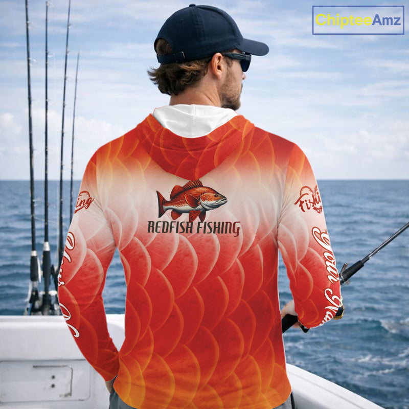 Custom Redfish Long Sleeve Hooded Fishing Shirts Fish Scale Red, Redfish Fly Fishing Performance Shirt NBT376