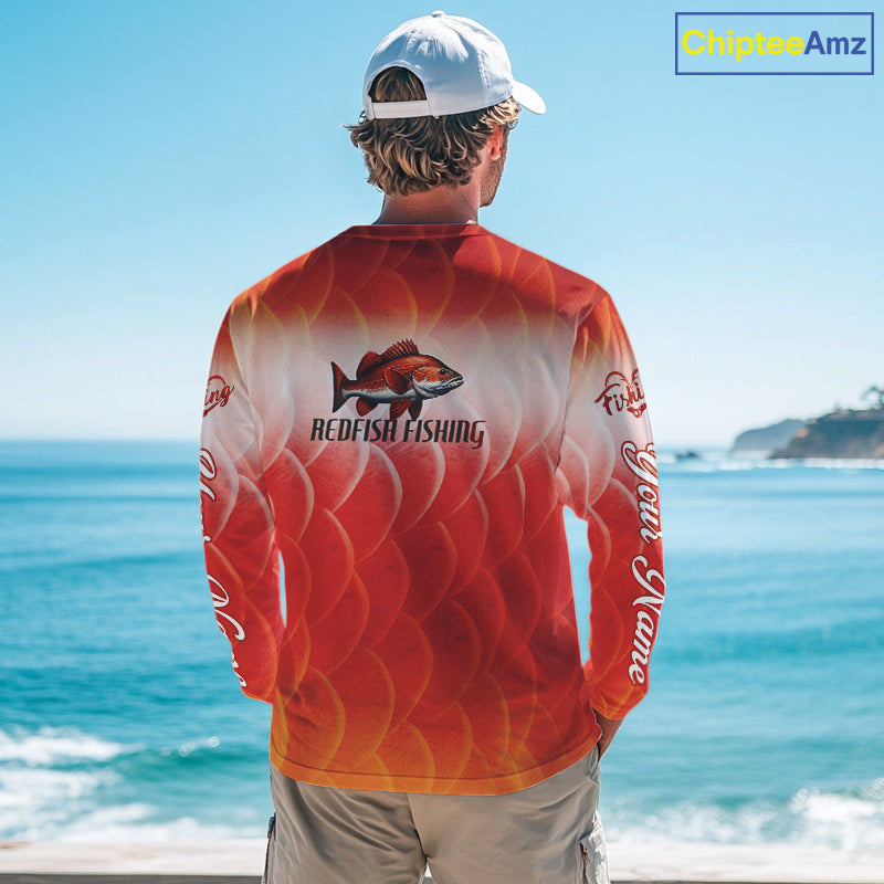 Custom Redfish Long Sleeve Fishing Shirts Fish Scale Red, Redfish Fly Fishing Performance Shirt NBT376