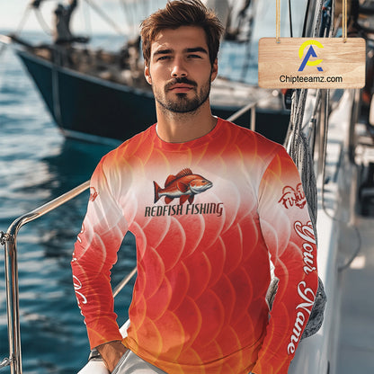 Custom Redfish Long Sleeve Fishing Shirts Fish Scale Red, Redfish Fly Fishing Performance Shirt NBT376