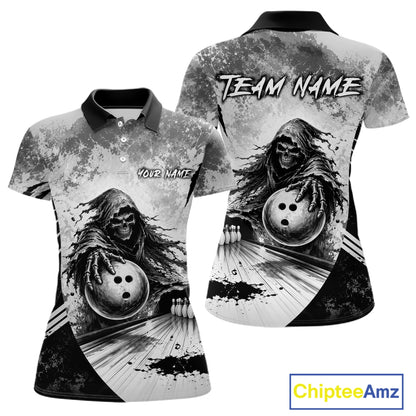 Custom Gray Camo Skeleton Grim Reaper Bowling Women Quarter-Zip Shirt, Halloween Bowling Jersey NBT911