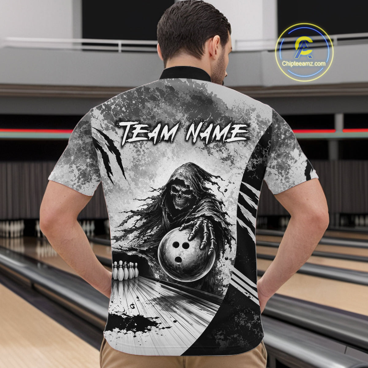 Custom Gray Camo Skeleton Grim Reaper Bowling Men Quarter-Zip Shirt, Halloween Bowling Jersey NBT911