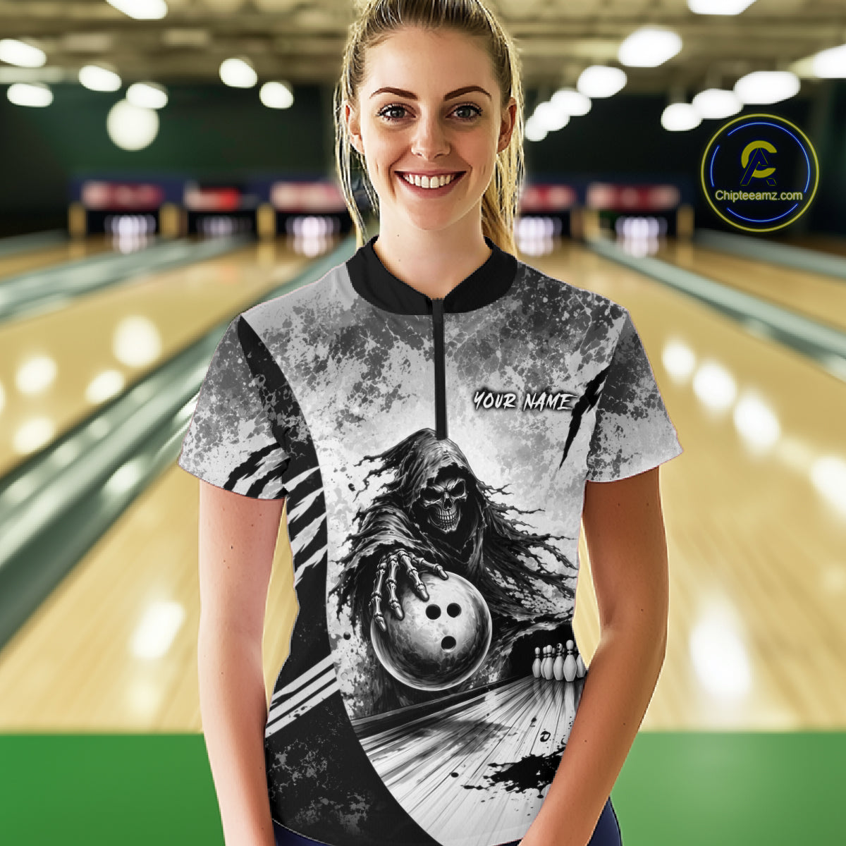 Custom Gray Camo Skeleton Grim Reaper Bowling Women Quarter-Zip Shirt, Halloween Bowling Jersey NBT911