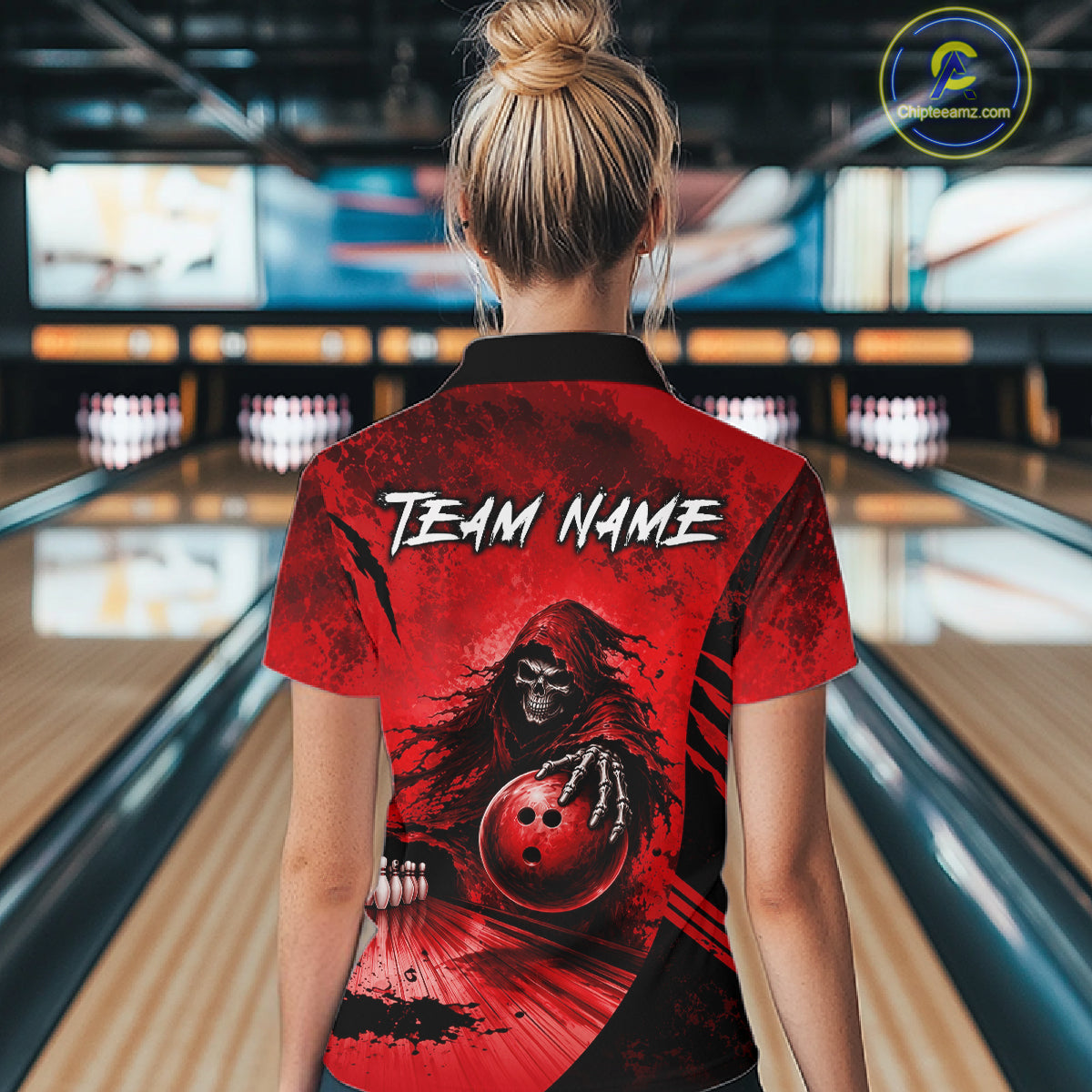 Custom Red Camo Skeleton Grim Reaper Bowling Women Quarter-Zip Shirt, Halloween Bowling Jersey NBT912
