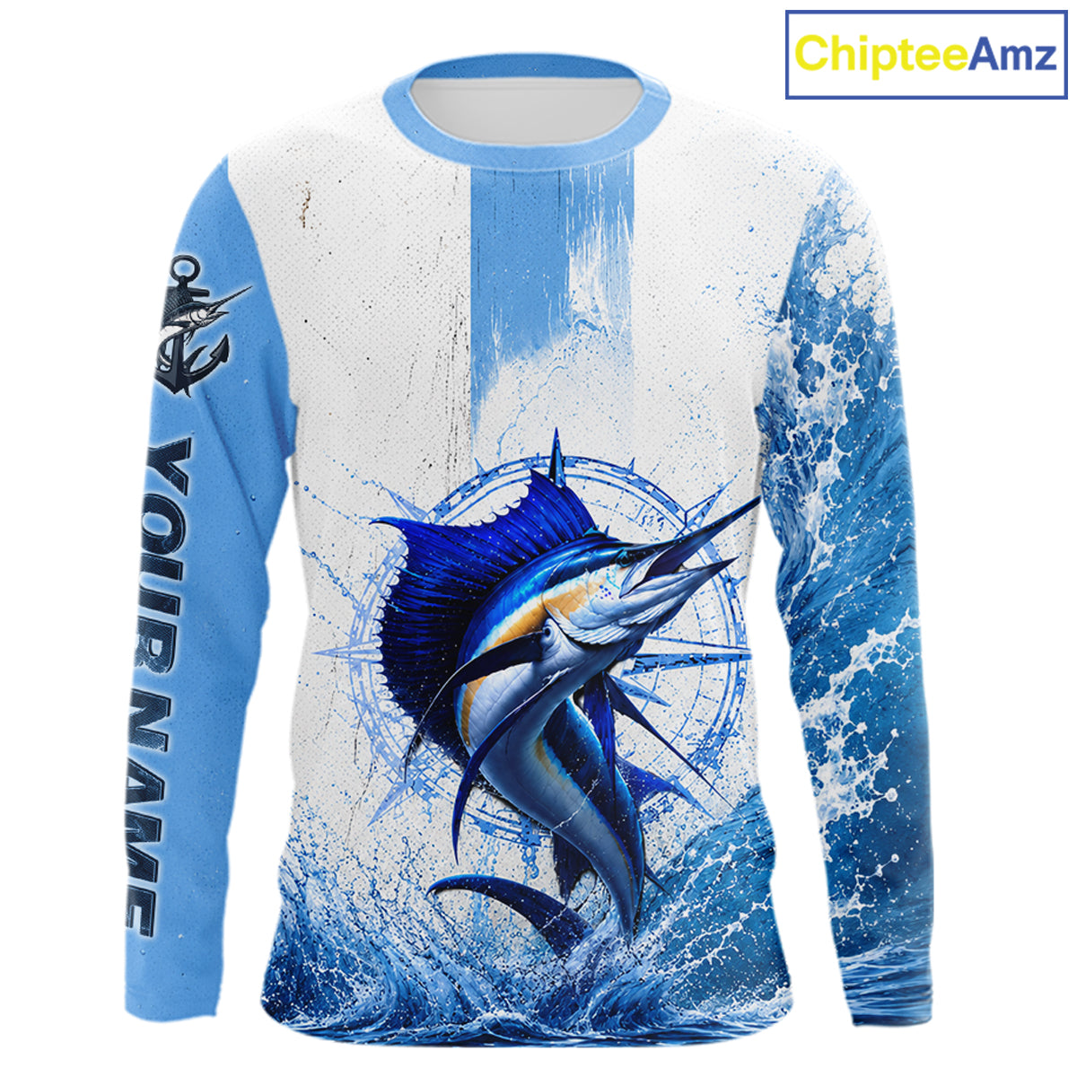 Front view Sailfish Performance Fishing Shirt custom sleeve UPF long sleeve fishing shirt