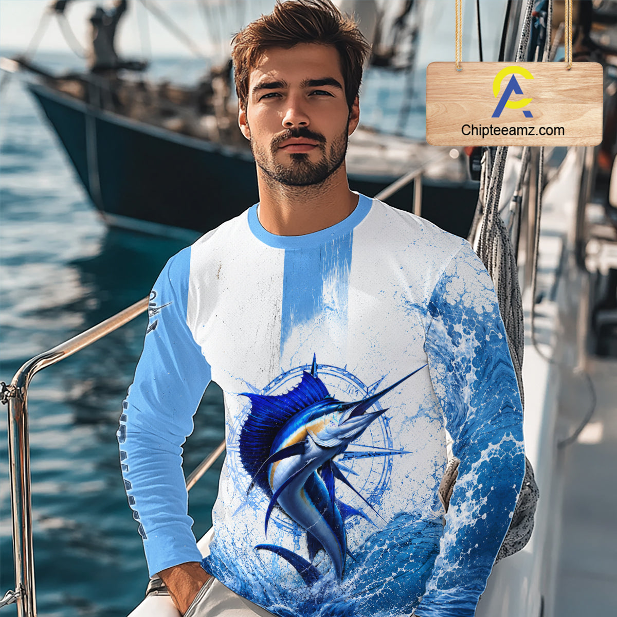 Angler wearing Sailfish performance fishing shirt hooded offshore fishing shirt saltwater fishing 