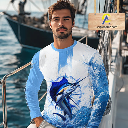 Angler wearing Sailfish performance fishing shirt hooded offshore fishing shirt saltwater fishing 