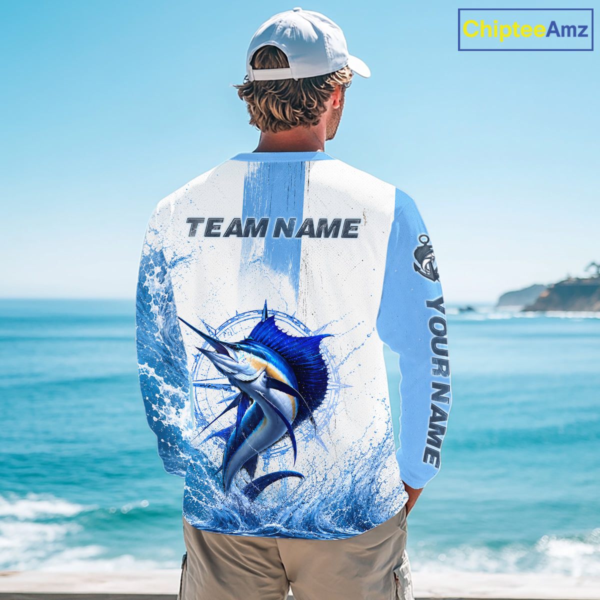 Back view Sailfish performance fishing shirt custom sleeve UPF