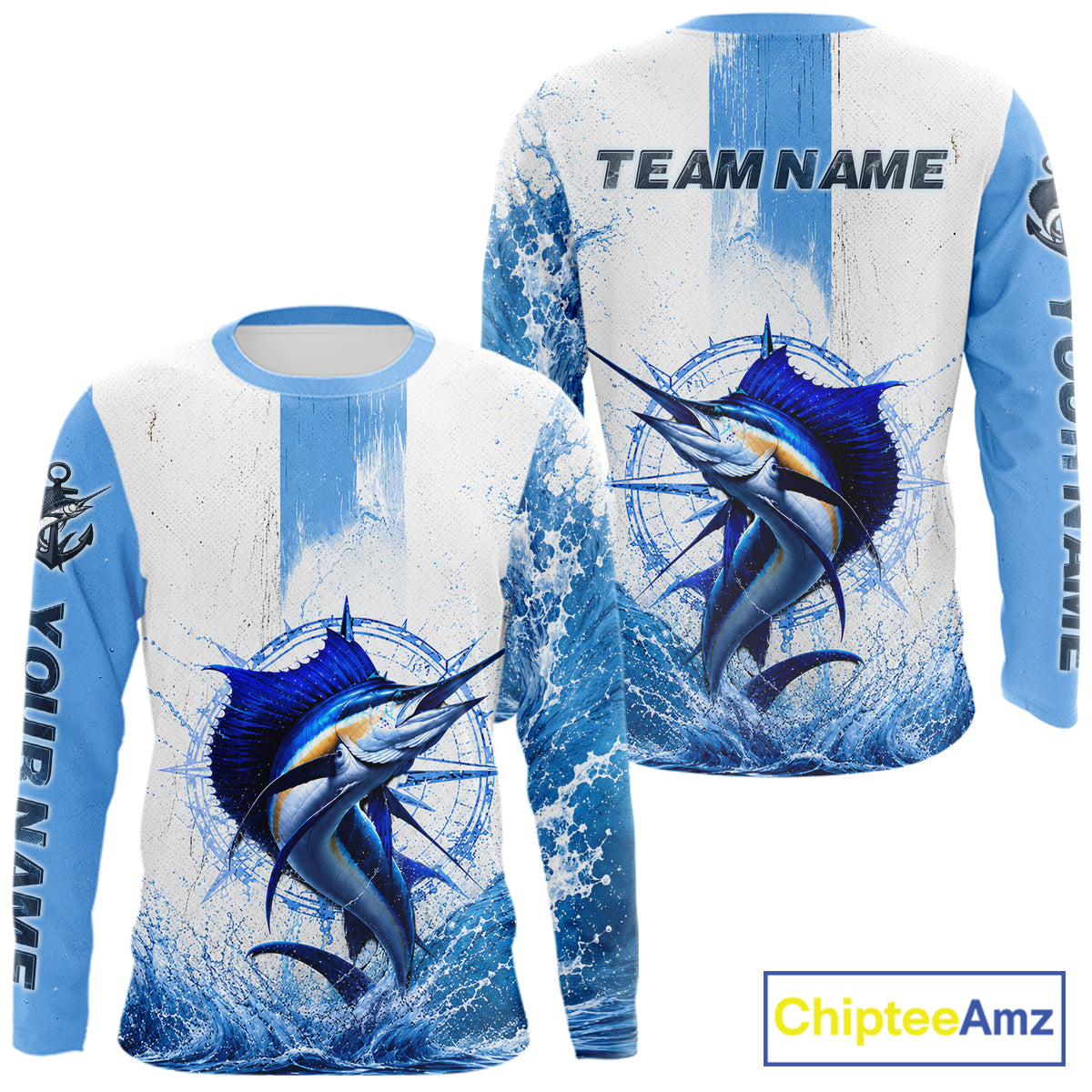 Front and back view Sailfish Performance Fishing Shirt custom sleeve UPF long sleeve fishing shirt