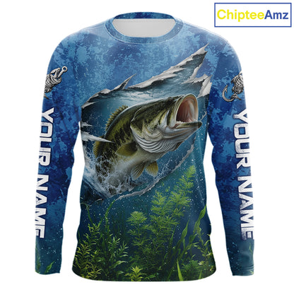 Front view Largemouth Bass Fishing Shirt personalized camo long sleeve UPF bass fishing jersey