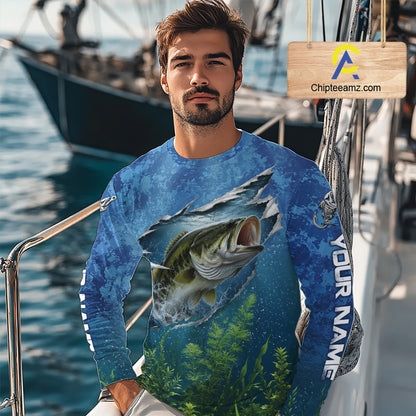 Angler wearing largemouth bass fishing shirt personalized camo long sleeve  bass fishing tournament