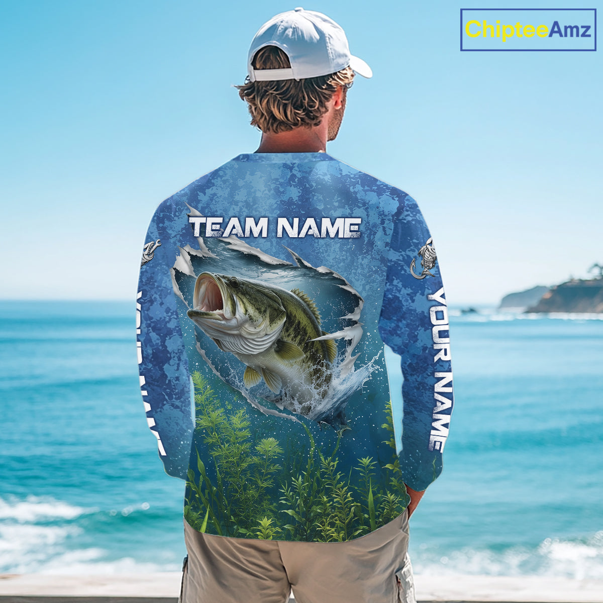 Back view Largemouth Bass Fishing Shirt personalized camo long sleeve UPF