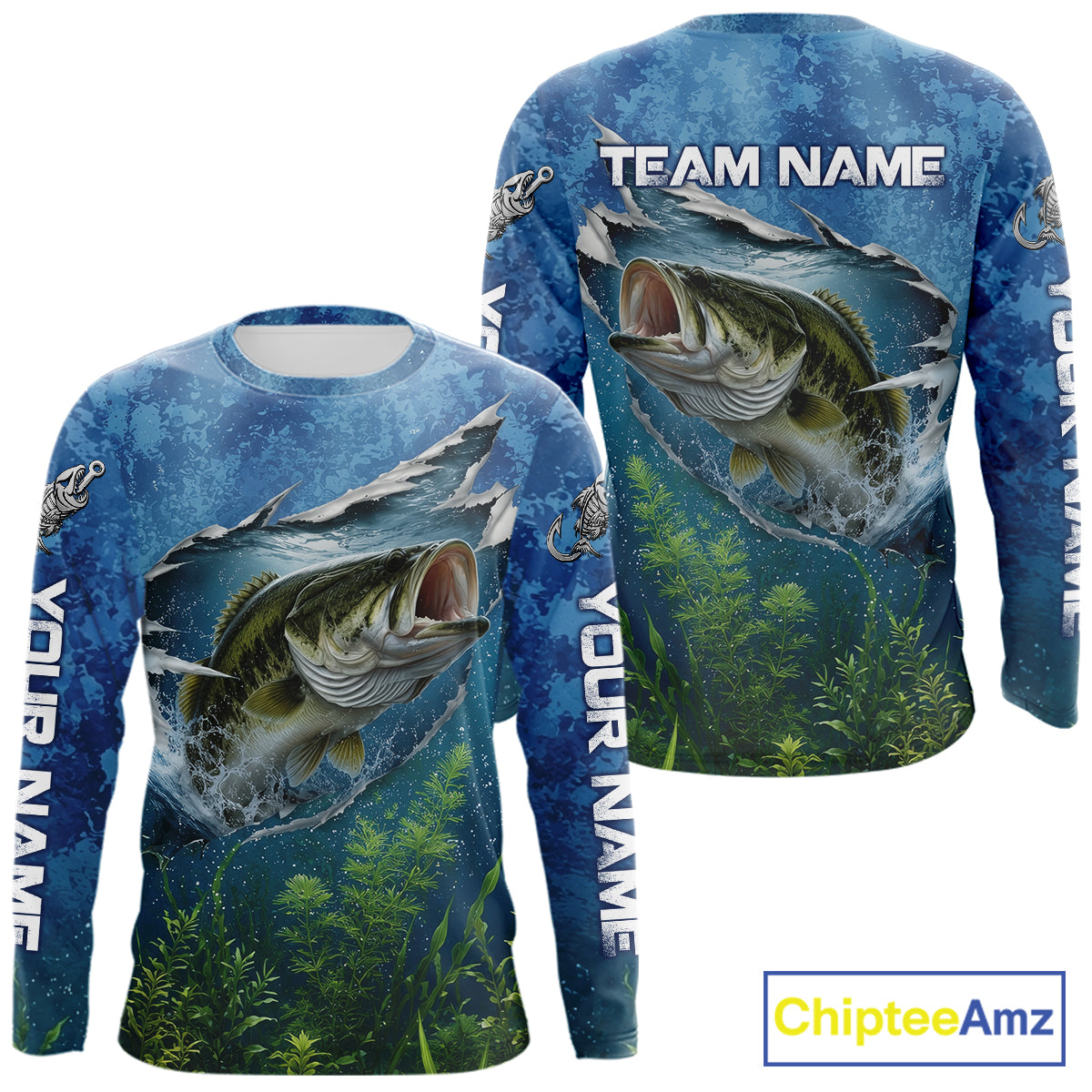 Front and back view Largemouth Bass Fishing Shirt personalized camo long sleeve UPF bass fishing jersey