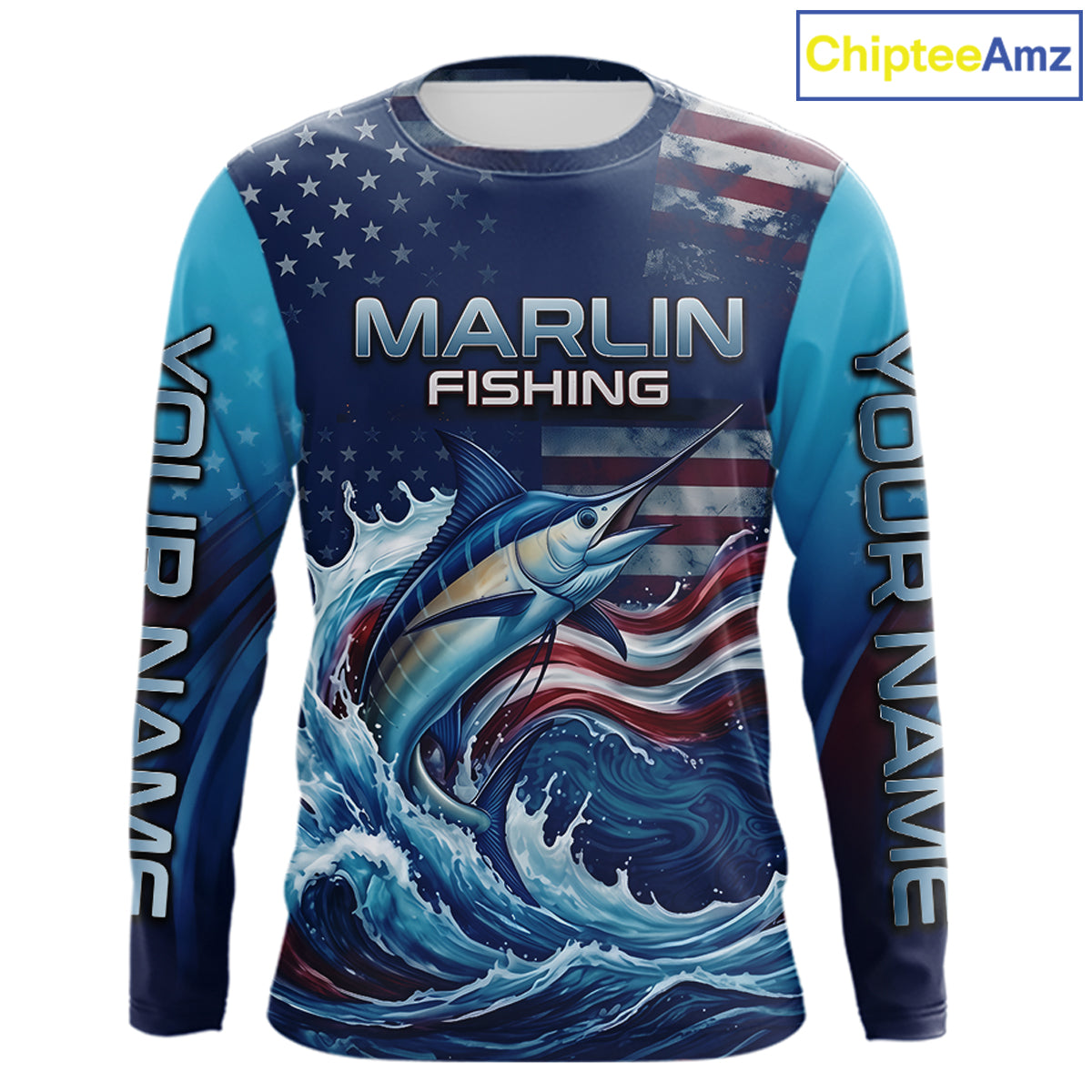 Front view American Flag Marlin Fishing Shirt personalized patriotic long sleeve UPF fishing shirt