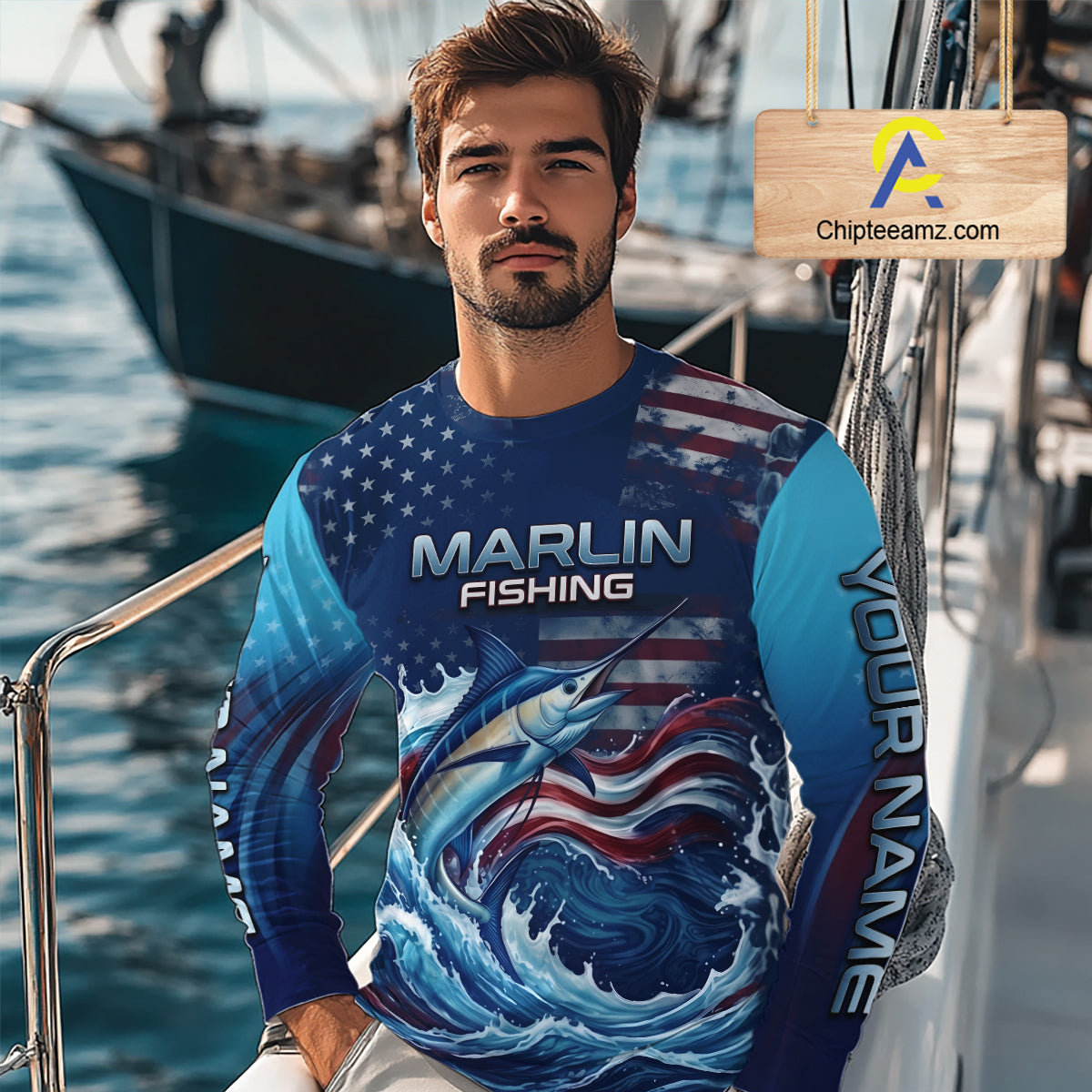 Angler wearing American Flag Marlin Fishing Shirt personalized patriotic long sleeve UPF saltwater fishing