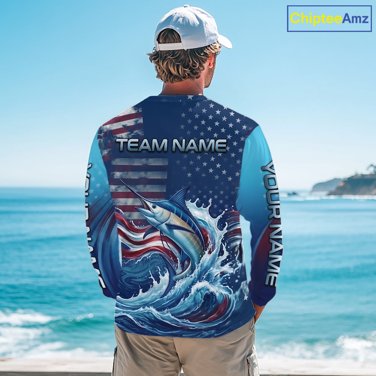 Back view American Flag Marlin Fishing Shirt personalized patriotic long sleeve  UPF