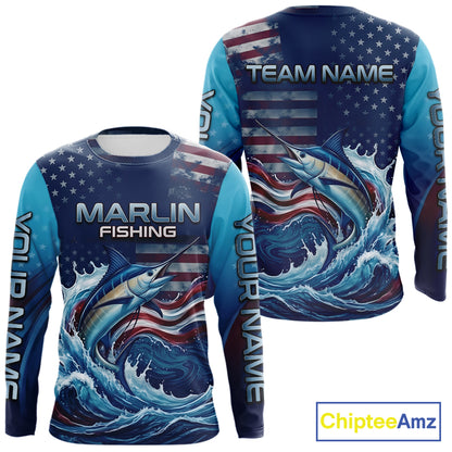 Front and back view American Flag Marlin Fishing Shirt personalized patriotic long sleeve UPF fishing shirt