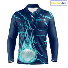 Load image into Gallery viewer, Golf balls blue flame pattern mens long sleeve golf polo shirt - front view