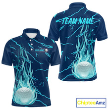 Load image into Gallery viewer, Golf balls blue flame pattern mens golf polo shirt - back view