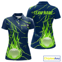 Load image into Gallery viewer, back view of green flame pattern womens golf polo matching golf outfit