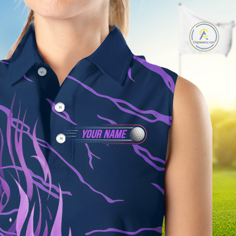 woman golfer in purple flame womens sleeveless golf polo with matching golf outfit