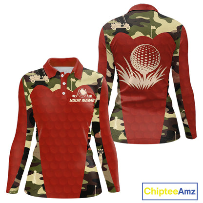 Red Camo Womens Golf Polo Shirts Custom Golf Outfit For Ladies, Team Golf Shirts NBT633