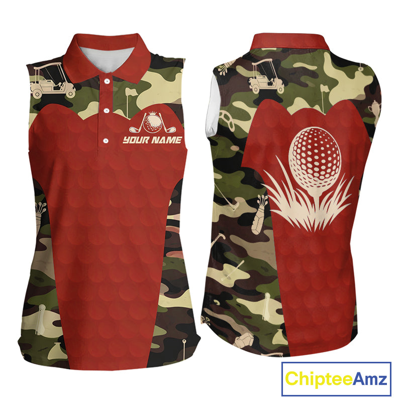 Red Camo Womens Sleeveless Golf Polo Shirts Custom Golf Outfit For Ladies, Team Golf Shirts NBT633