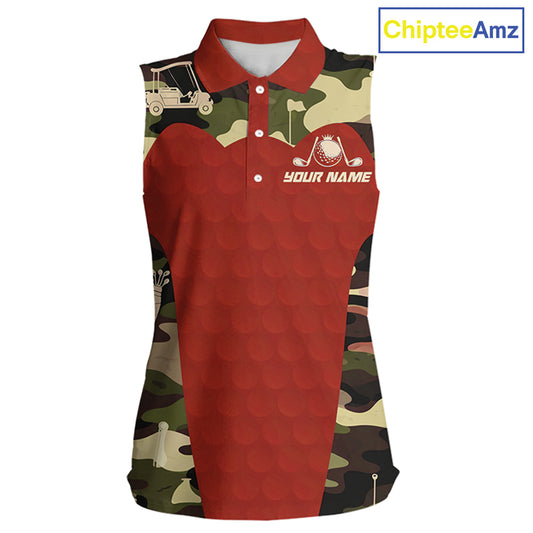 Red Camo Womens Sleeveless Golf Polo Shirts Custom Golf Outfit For Ladies, Team Golf Shirts NBT633