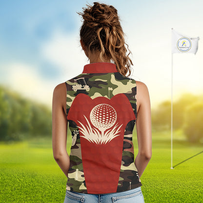 Red Camo Womens Sleeveless Golf Polo Shirts Custom Golf Outfit For Ladies, Team Golf Shirts NBT633