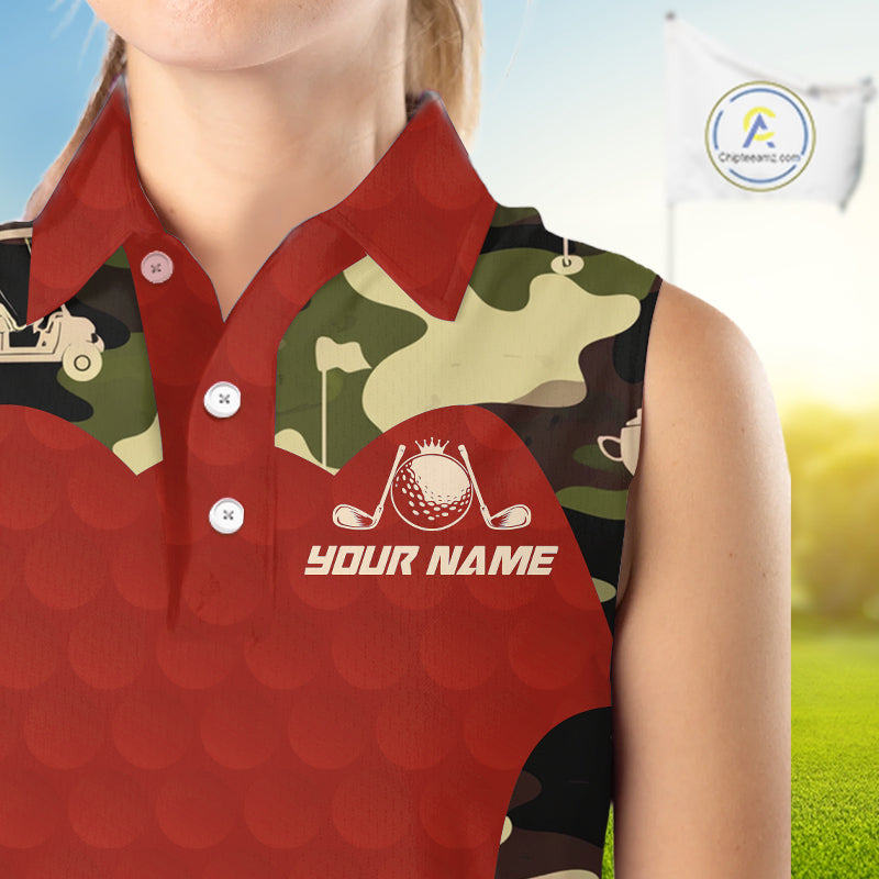 Red Camo Womens Sleeveless Golf Polo Shirts Custom Golf Outfit For Ladies, Team Golf Shirts NBT633